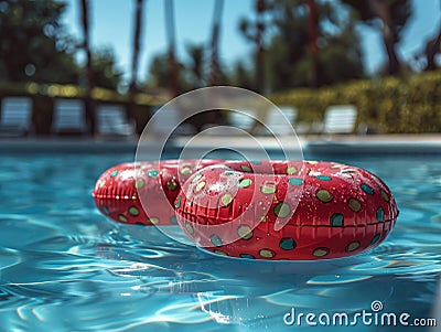 Colorful inflatables accessories in a clear swimming pool Stock Photo