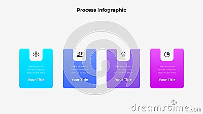 Colorful infographic displaying a process flow through four steps with icons. Features gradient design and distinct Vector Illustration