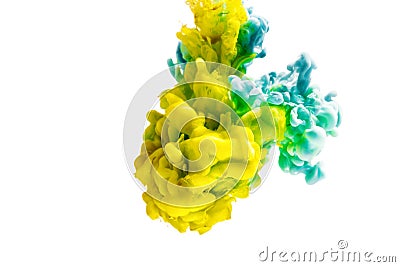 Colorful ink isolated on white background. yellow blue drop swirling under water. Cloud of ink in water. Stock Photo
