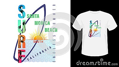 Colorful inscription California, Santa Monica beach surf print white t-shirt. Vector Illustration