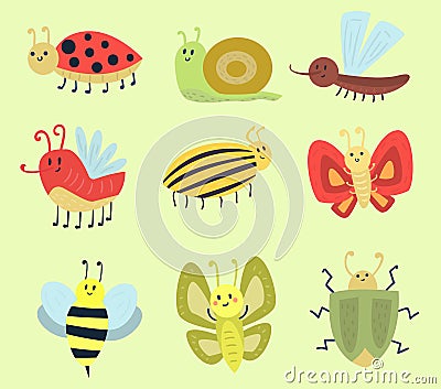 Colorful insects icons isolated wildlife wing detail summer worm caterpillar bugs wild vector illustration. Vector Illustration