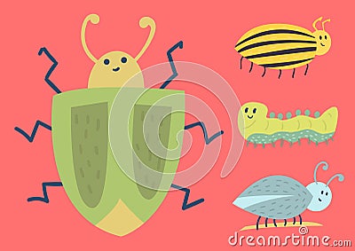 Colorful insects icons wildlife wing detail summer worm caterpillar bugs wild vector illustration. Vector Illustration