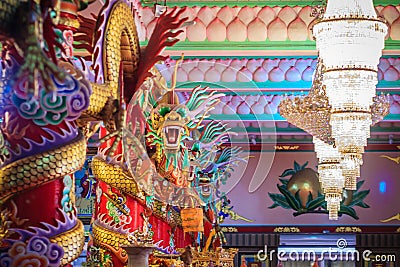 Colorful interior of dragons facing inside the Chinese church. D Stock Photo