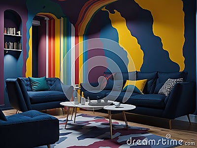 Colorful interior with rainbow painted wall. ai generative Stock Photo