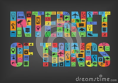 Colorful internet of things characters spelling word with icons Vector Illustration