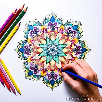 Colorful and intricate mandala illustration for relaxation and stress relief for coloring books Stock Photo