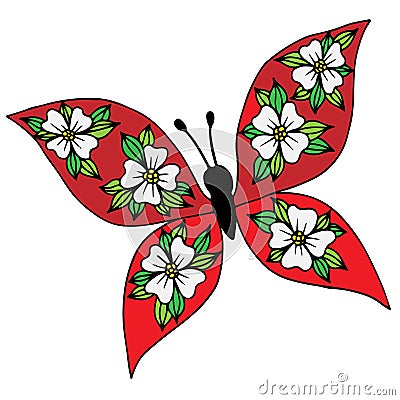 Colorful isolated butterfly with flower on the wing for tattoo, Vector Illustration