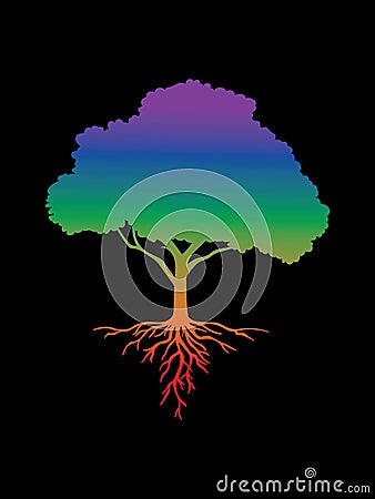 Colorful isolated tree with roots on a black background Vector Illustration