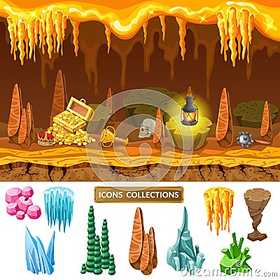 Colorful Isometric Game Treasure Cave Concept Vector Illustration