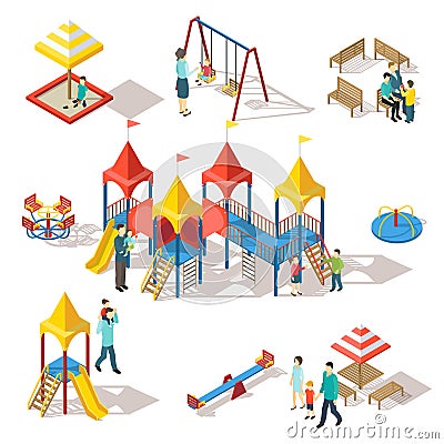 Colorful Isometric Playground Elements Set Vector Illustration