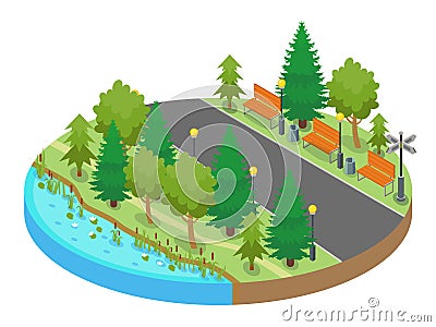 Colorful isometric round map location with park and strolling walkway with pond and trees. Vector Illustration