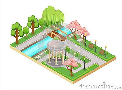 Colorful isometric three-dimensional illustration of oriental garden design with alley and bridge. Vector Illustration