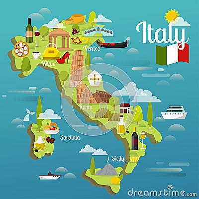 Colorful Italy travel map with attraction symbols italian sightseeing world architecture vector illustration Vector Illustration