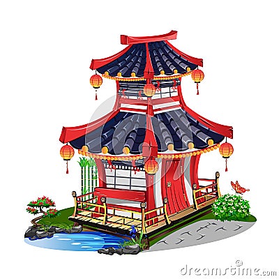 Colorful Japanese house isolated on white background Vector Illustration