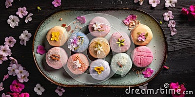 Colorful Japanese mochi on plate with sakura on wooden background. AI generated Stock Photo