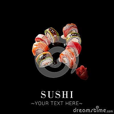 Colorful Japanese sushi roll isolated on black background ready food banner with text space Stock Photo