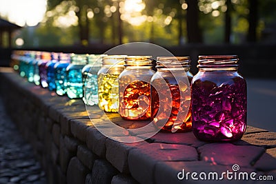 Colorful jars align a cobblestone fence under the vibrant rainbows end Stock Photo