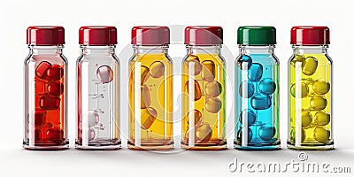 Colorful jars with pills and pills on a white background. Generated by AI Stock Photo