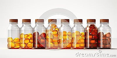 Colorful jars with pills and pills on a white background. Generated by AI Stock Photo