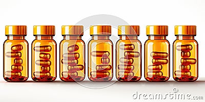 Colorful jars with pills and pills on a white background. Generated by AI Stock Photo