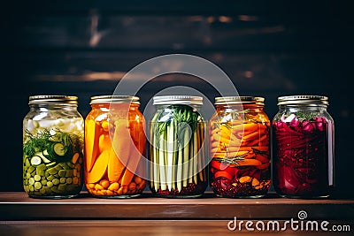 Colorful jars of preserved vegetables and pickles, mediterranean food life style Authentic Stock Photo