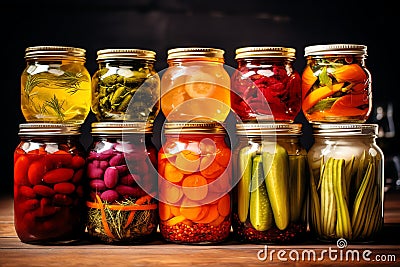 Colorful jars of preserved vegetables and pickles, mediterranean food life style Authentic Stock Photo