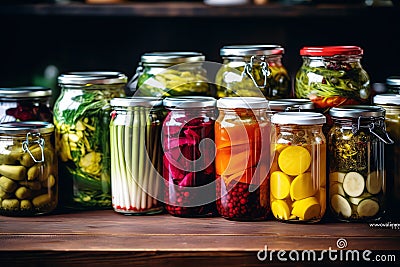 Colorful jars of preserved vegetables and pickles, mediterranean food life style Authentic Stock Photo