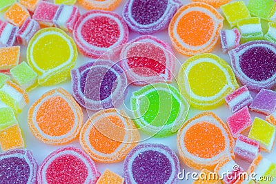 Colorful jelly candies. Juicy colorful jelly sweets. Gummy candies. Multi-color marmalade jelly candy Dessert marmalade. Stock Photo