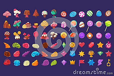 Colorful jelly glossy figures of different shapes, sweet candy land cute fantasy elements, sweets, candies user Vector Illustration