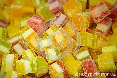 Colorful jelly sweet close up, Square shape jelly candy flavor fruit. Stock Photo