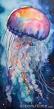 Colorful jellyfish in the ocean. Original watercolor painting. Stock Photo