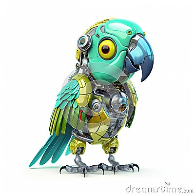 Colorful joyful parrot robot, robotic bird isolated over white background. Created with generative Ai Stock Photo