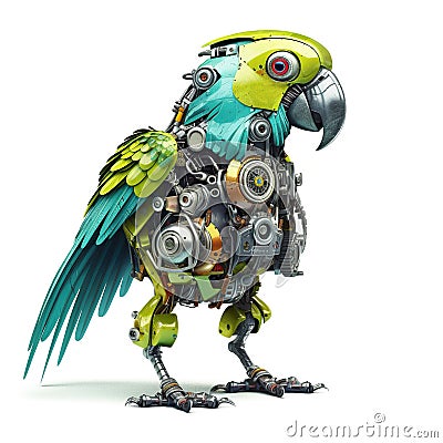 Colorful joyful parrot robot, robotic bird isolated over white background. Created with generative Ai Stock Photo