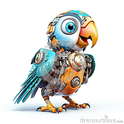 Colorful joyful parrot robot, robotic bird isolated over white background. Created with generative Ai Stock Photo