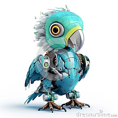 Colorful joyful parrot robot, robotic bird isolated over white background. Created with generative Ai Stock Photo