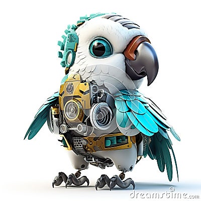 Colorful joyful parrot robot, robotic bird isolated over white background. Created with generative Ai Stock Photo