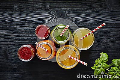 Colorful juice bar fresh organic healthy drinks Stock Photo