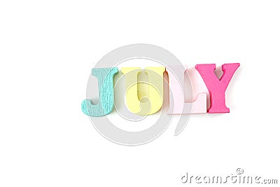 Colorful July word letters alphabet isolated on white background Stock Photo