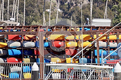 Colorful Kayaks stacked at Dana Point Harbor Editorial Stock Photo