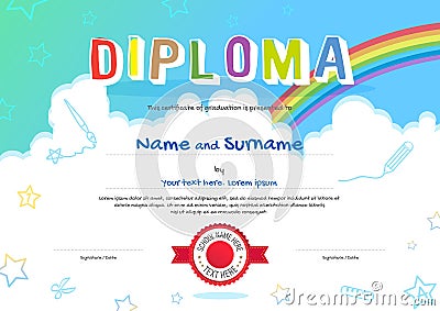 Colorful kids diploma certificate in cartoon style with sky rain Vector Illustration