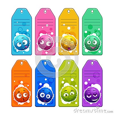 Colorful kids name tags with funny cartoon round fuzzy characters. Vector Illustration