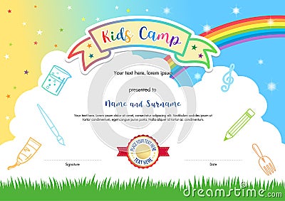 Colorful kids summer camp diploma certificate template in cartoon style with sky rainbow and kids elements in the background Vector Illustration