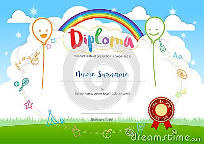 Colorful kids summer camp diploma certificate template in cartoon style with smiling balloon rainbow and sky Vector Illustration