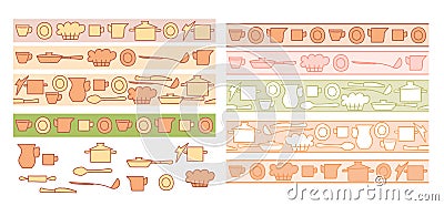 Colorful kitchenware on light backgrounds - vector seamless horizontal borders Vector Illustration