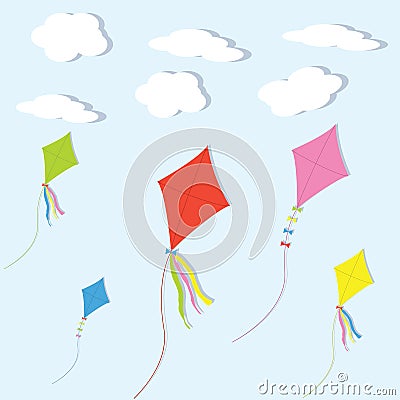 Colorful kites against the sky and clouds Vector Illustration