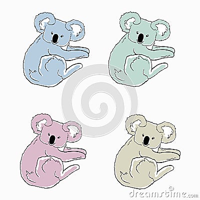 Colorful koalas on white background. Sketches of different colors animals. Cartoon icons of koala bears. Vector Illustration