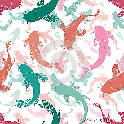 Colorful Koi fish or Asian carp silhouettes layered to create underwater depth effect. Seamless vector pattern Stock Photo