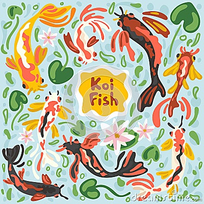 Colorful koi fishes. Vector stock illustration koi carp abstract. Japanese, Chinese swimming carps in pond with lotus Vector Illustration