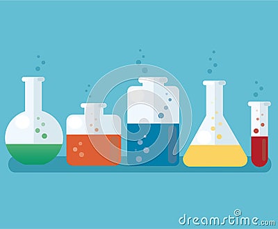 Colorful laboratory filled with a clear liquid and blue background Vector Illustration