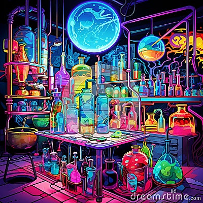 Colorful laboratory with futuristic equipment in pop art style Stock Photo